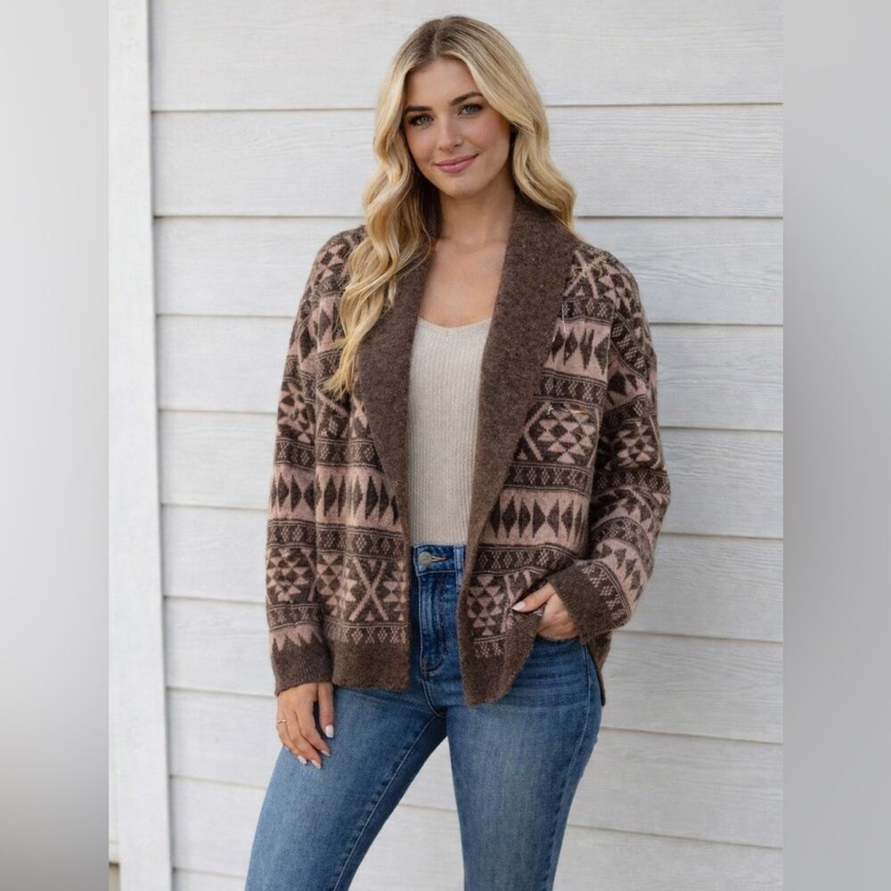 NWT Lucky Brand Brown Southwestern Geometric Shawl Cardigan Women’s L